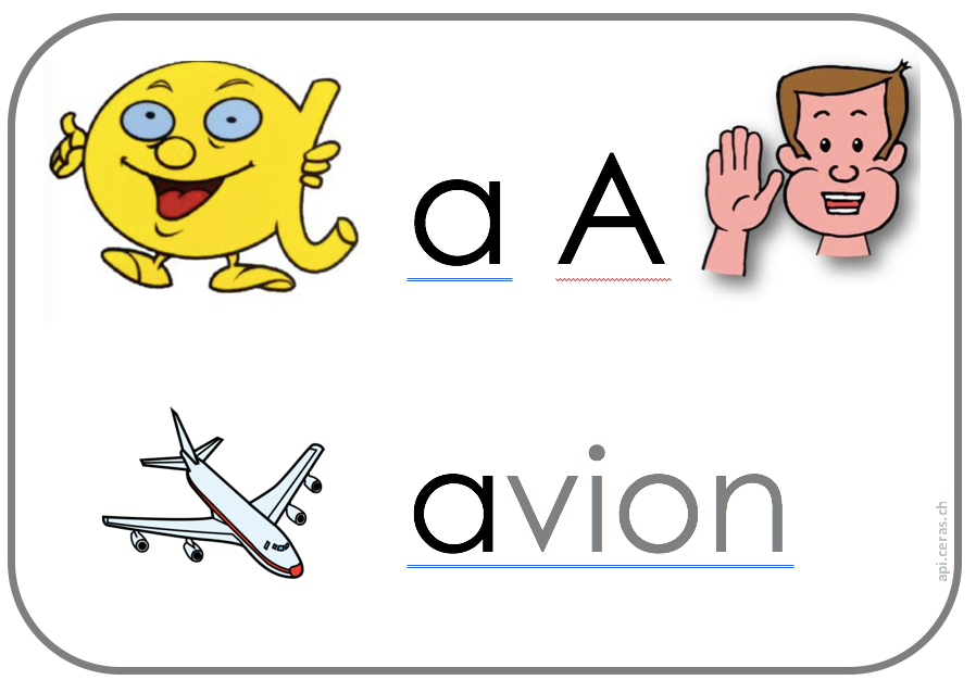 son a en minuscule et majuscule, un avion est dessiné et écrit pour illustrer le son et la lettre a. 