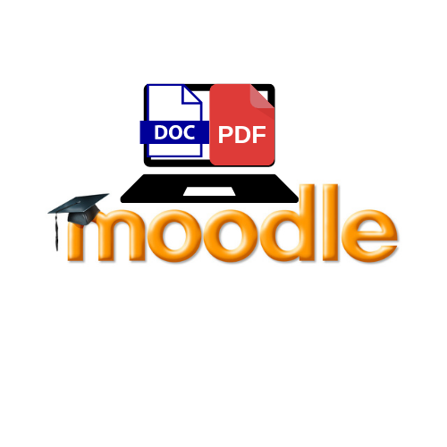Logo Moodle avec un ordinateur portable sur l'écran duquel se trouve un fichier texte et un fichier PDF pour illustrer la gestion des documents numériques